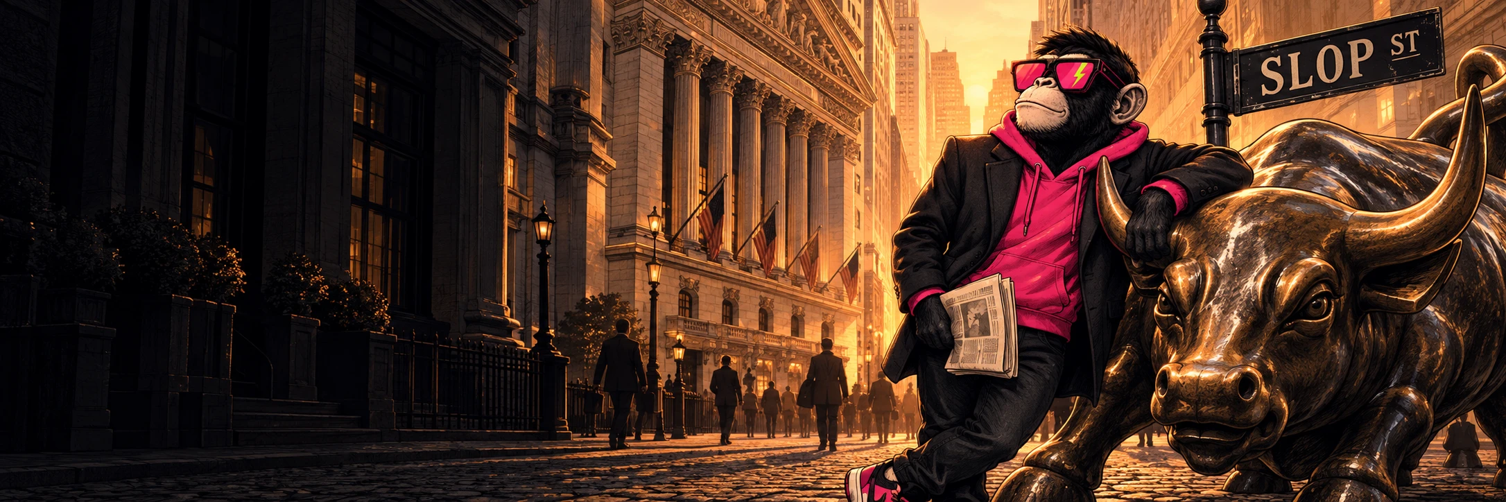 IronicApe in a pink hoodie and suit, leaning on a bronze bull beneath a SlopStreet sign.